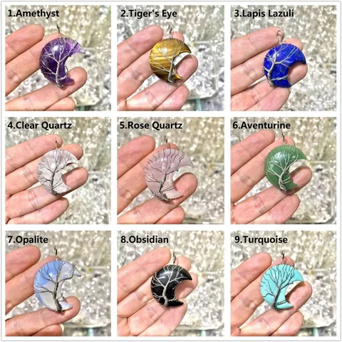 Ciondolo Collana Albero Della Vita Luna In Pietra Naturale Fatto A Mano Filo Avvolto Cristallo Amatista Occhio Di Tigre Gioielli Donna