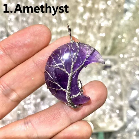 Ciondolo Collana Albero Della Vita Luna In Pietra Naturale Fatto A Mano Filo Avvolto Cristallo Amatista Occhio Di Tigre Gioielli Donna