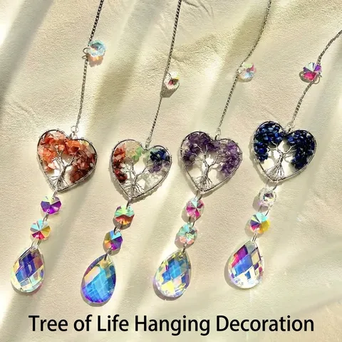 Atrapasol de Corazón de Cristal Colgante Árbol de la Vida Decoración Ágata Prisma de Vidrio Creador de Arcoíris para Hogar Jardín Ventana Coche Accesorios