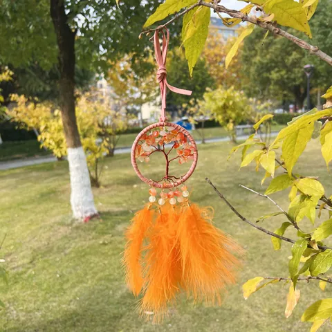 Acchiappasogni Albero della Vita Fatto a Mano in Pietra Naturale Cristallo Piuma Ornamento Auto Boemo Decorazione da Appendere