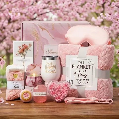 Set Regalo di Compleanno di Lusso per Donna Set Regalo Spa Scatola Marmorizzata Viola Rosa Con Coperta Bicchiere in Acciaio Inox Candela Profumata Mascherina Calze