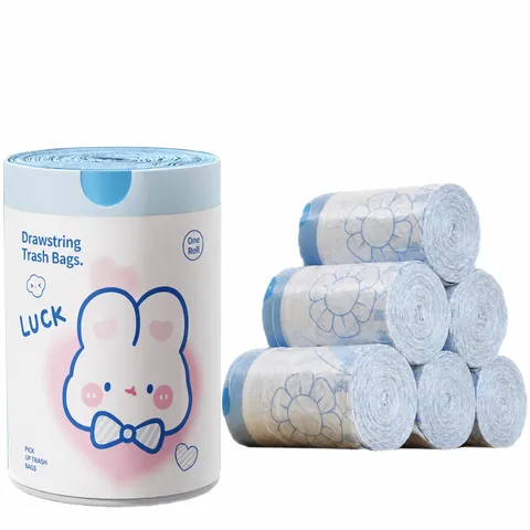 Cartoon Blue Heart Rabbit Drawstring Garbage Bags Thickened Portable Household Trash Bags With Automatic Closure