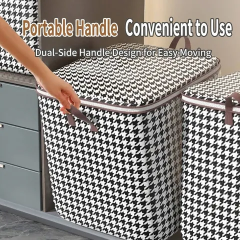 Large Capacity Houndstooth Storage Bag Non-Woven Fabric Clothes Quilt Organizer With Handle Zipper Moistureproof Closet Box