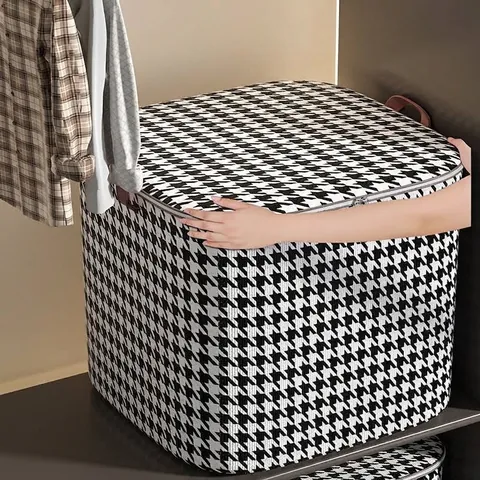 Large Capacity Houndstooth Storage Bag Non-Woven Fabric Clothes Quilt Organizer With Handle Zipper Moistureproof Closet Box