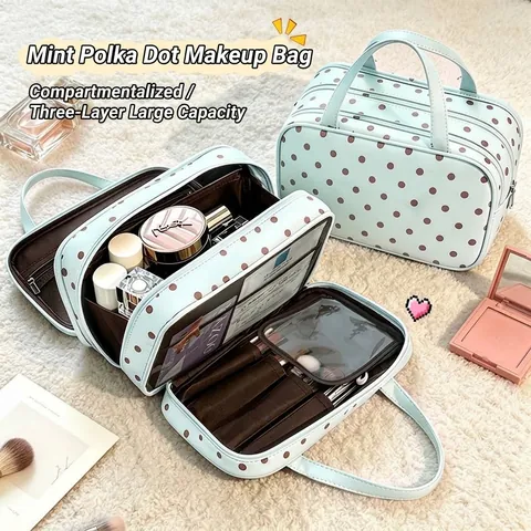 Mint Polka Dot Makeup Bag Waterproof PU Leather Three Layer Large Capacity Travel Toiletry Case Organizer For Women
