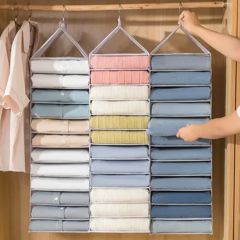 Hanging Closet Organizer Clothing Storage Bag Layered PVC Divider Foldable Wardrobe Hanging Bag For Clothes Pants Household Closet Space Saver