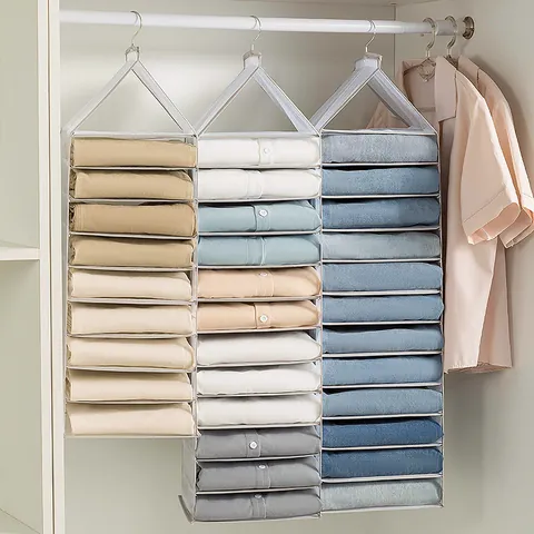 Hanging Closet Organizer Clothing Storage Bag Layered PVC Divider Foldable Wardrobe Hanging Bag For Clothes Pants Household Closet Space Saver