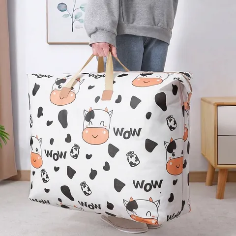 Waterproof Non-Woven Storage Bag Large Capacity Moving Bag Foldable Organizer For Quilts Clothes Cartoon Cow Pineapple Pattern Storage Bag