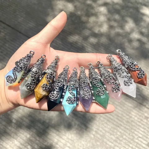 Vintage Hexagonal Cone Crystal Pendant Necklace With Bat Wing Metal Wrapping Palace Style Gothic Jewelry For Women