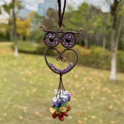 Handmade Owl Crystal Bead Wire Wrapped Ornament Chakra Stone Car Hanging Charm Bag Keychain Jewelry For Home Office Decor