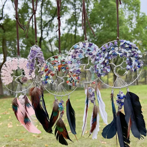 Attrape-Rêve Arbre de Vie Fait Main Pierres de Cristal Plumes Décoration Murale Bohème Ornement Maison Créatif