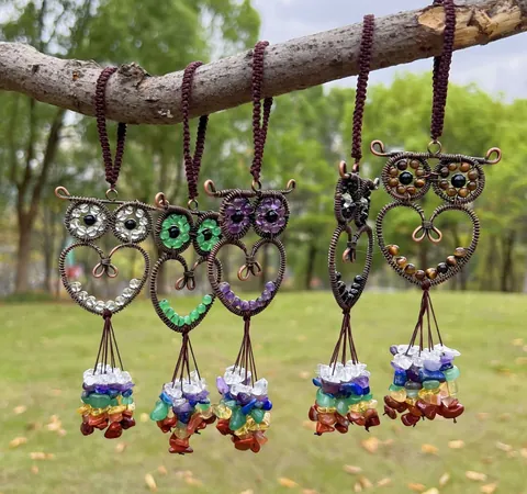Handmade Owl Crystal Bead Wire Wrapped Ornament Chakra Stone Car Hanging Charm Bag Keychain Jewelry For Home Office Decor