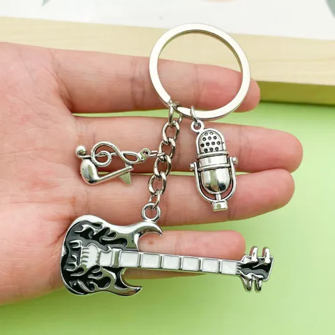 Musical Instrument Keychain Set Electric Guitar Microphone Note Pendant Punk Rock Enamel Alloy Key Ring Backpack Charm For Music Lovers Gift