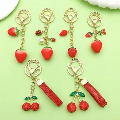 Cute Resin Strawberry Cherry Fruit Keychain Alloy Rhinestone Artificial Pearl Bag Charm Ornament For Women Girls Sweet Jewelry
