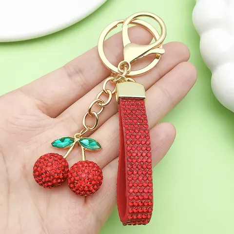 Cute Resin Strawberry Cherry Fruit Keychain Alloy Rhinestone Artificial Pearl Bag Charm Ornament For Women Girls Sweet Jewelry