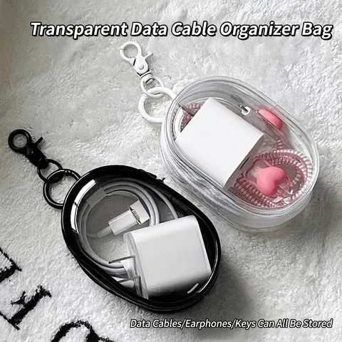 Portable Transparent Cable Storage Bag Small Mini Zipper Pouch With Metal Hook For Earphone Charger Organizing Case