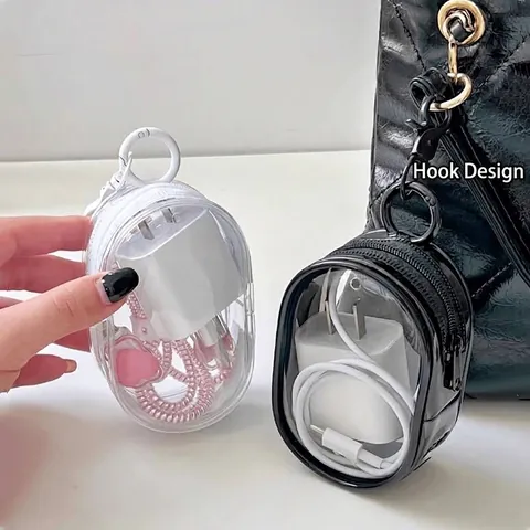 Portable Transparent Cable Storage Bag Small Mini Zipper Pouch With Metal Hook For Earphone Charger Organizing Case
