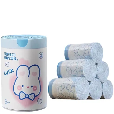 Cartoon Blue Heart Rabbit Drawstring Garbage Bags Thickened Portable Household Trash Bags With Automatic Closure