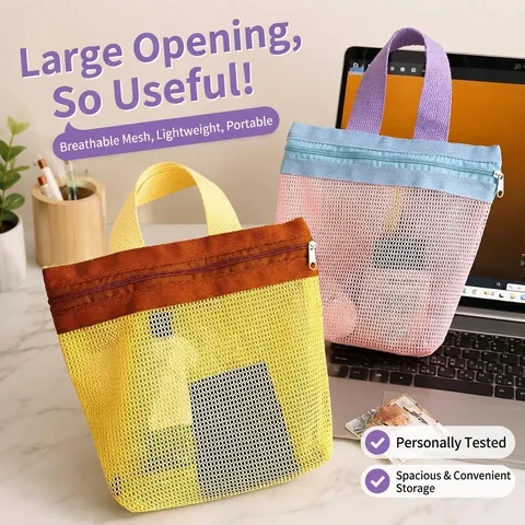 Modern Color Block Nylon Mesh Cosmetic Storage Bag Portable Handheld Travel Toiletry Makeup Pouch Organizer For Unisex