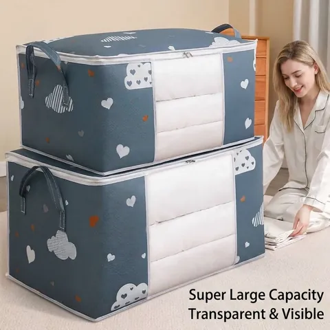 Non-Woven Fabric Quilt Storage Bag Large Capacity Cloud Pattern Dustproof Clothes Organizer With Transparent Window And Handle