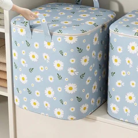 Large Capacity Daisy Pattern Quilt Storage Bag Waterproof Non-woven Fabric Clothing Organizer Moving Bag For Bedding Seasonal Clothes Household Container