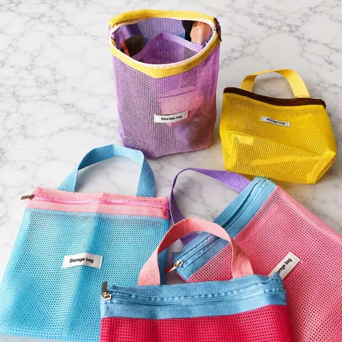 Modern Color Block Nylon Mesh Cosmetic Storage Bag Portable Handheld Travel Toiletry Makeup Pouch Organizer For Unisex