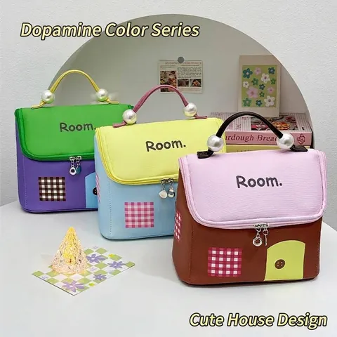 House Shaped Large Capacity Cosmetic Bag Waterproof TPU Travel Toiletry Makeup Organizer With Pearl Handle Dopamine Bag
