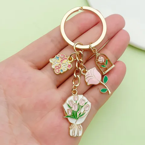 Mother's Day Flower Bouquet Keychain Mama Mom Enamel Charm Keyring Alloy Butterfly Artificial Pearl Heart Pendant For Women Gift