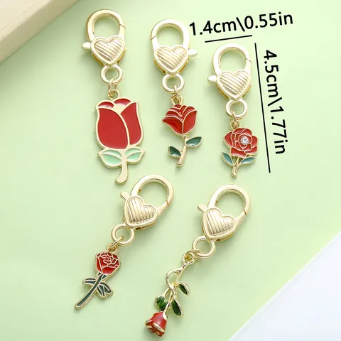 Valentine's Day Alloy Red Rose Heart Pendants For DIY Jewelry Making Keychain Bag Charms Enamel Flower Accessories Gift