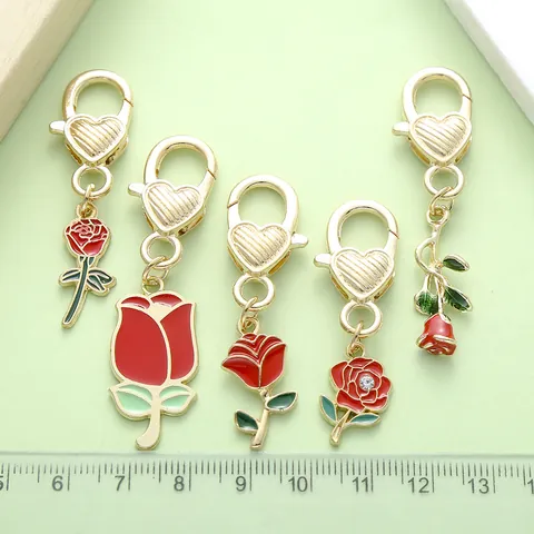 Valentine's Day Alloy Red Rose Heart Pendants For DIY Jewelry Making Keychain Bag Charms Enamel Flower Accessories Gift
