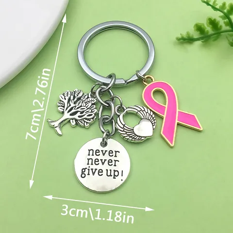 Llavero de Árbol de la Vida Inspirador Eslogan Never Give Up Corazón Alas Lazo Rosa Colgante de Aleación Joyería