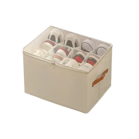 Foldable 12 Compartment Shoe Box Storage Organizer Underbed Closet Storage Box With Transparent Lid Handle Non-woven Oxford Fabric Bedroom Organization
