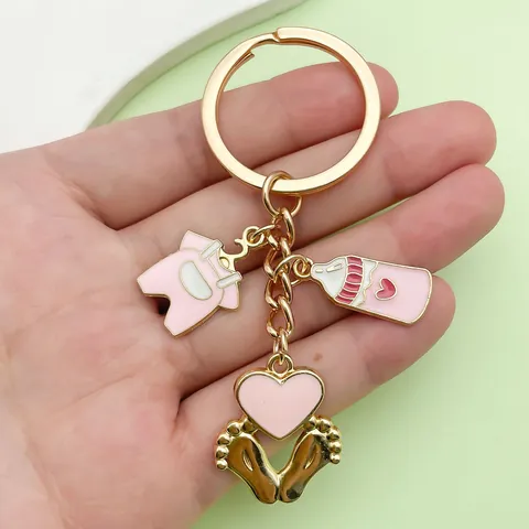 Cartoon Baby Shower Keychain Zinc Alloy Enamel Baby Bottle Footprint Clothes Elephant Pendant Keyring Newborn Party Gift