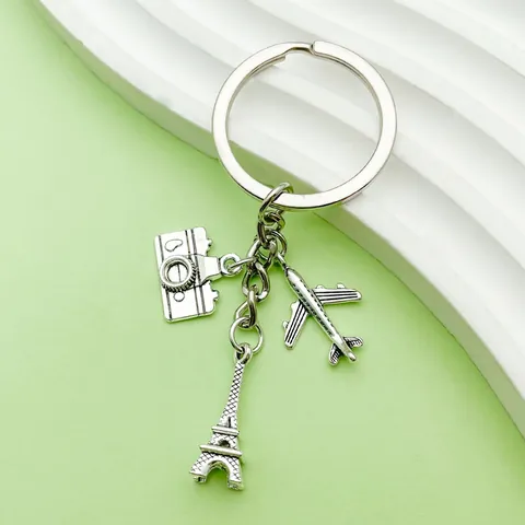 Reisthema Legering Sleutelhanger Vliegtuig Eiffeltoren Camera Kompas Wereldbol Hanger Zilveren Metalen Sleutelring Cadeau