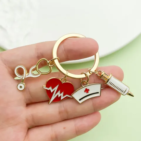 Zinc Alloy Medical Keychain Simulation Nurse Hat Heartbeat ECG Stethoscope Syringe Enamel Pendant Keychain For Doctors Nurses Gift Jewelry
