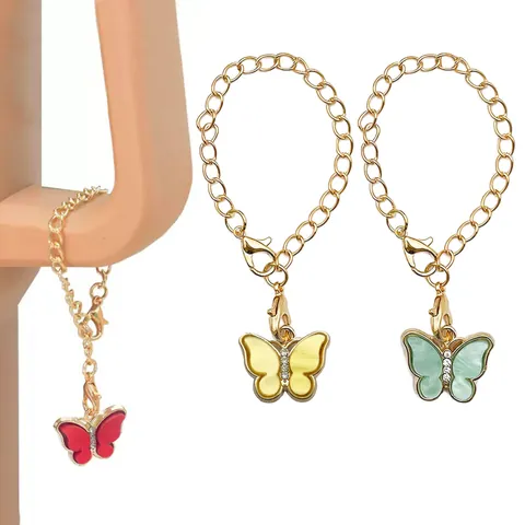 Cute Butterfly Drip Oil Keychain Golden Alloy Hanging Chain For Backpack Cup Charm Women Rhinestone Decoration Accessories Gift