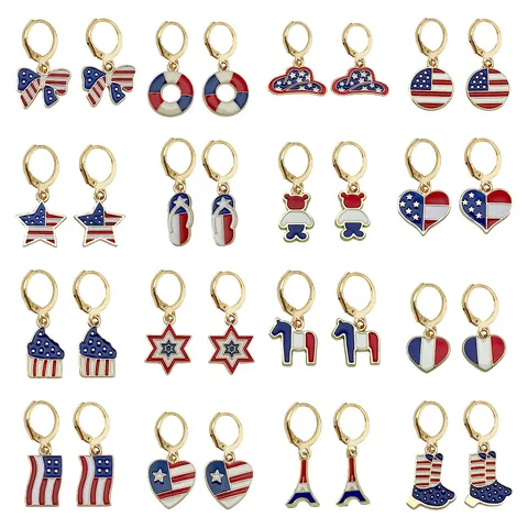 Independence Day American Flag Drop Earrings Zinc Alloy Drip Oil USA Patriotic Star Heart Hat Bear Shape Earrings Jewelry