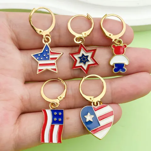 Independence Day American Flag Drop Earrings Zinc Alloy Drip Oil USA Patriotic Star Heart Hat Bear Shape Earrings Jewelry