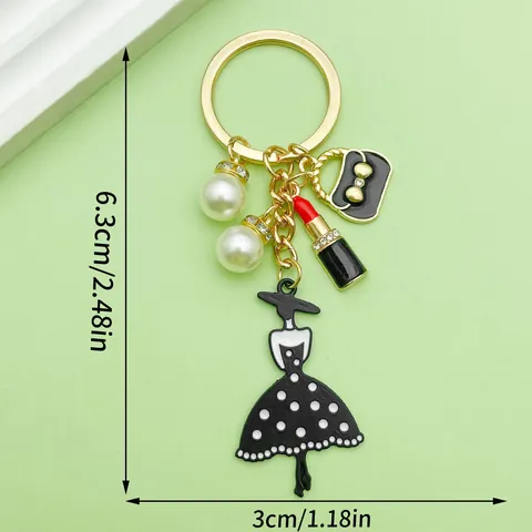Llavero de Aleación Goteo de Aceite Lápiz Labial Vestido Colgante Strass Perla Artificial Accesorio de Bolso