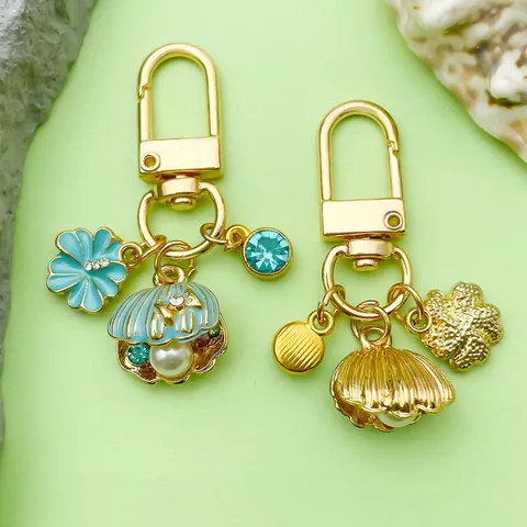 Ocean Theme Keychain Seashell Starfish Mermaid Dolphin Alloy Artificial Pearl Enamel Rhinestone Bag Charm For Women Key Ring