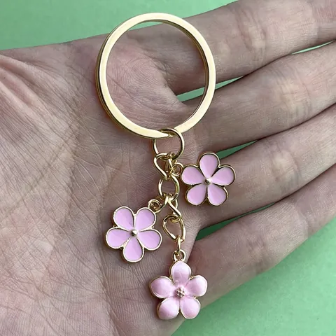 Fashion Sweet Enamel Cherry Blossom Keychain Floral Bag Charm Heart Lobster Clasp Alloy Key Ring For Women Gift Accessories