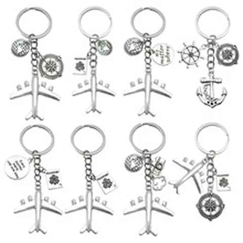 Travel Keychain Alloy Airplane Globe Compass Passport Pendant Vintage Silver Enamel Nautical Key Ring For Men Women Gift