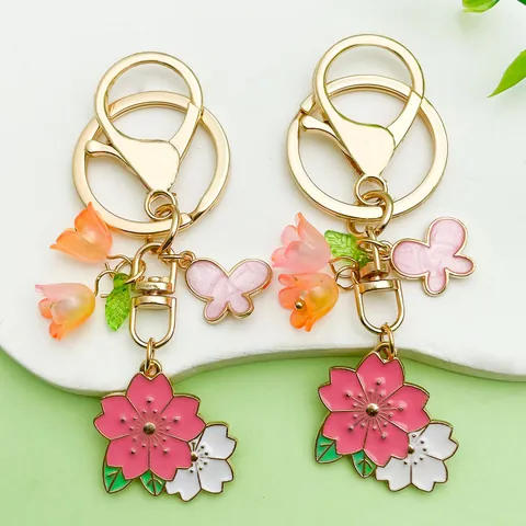 Korean Style Sweet Pink Cherry Blossom Lily of the Valley Butterfly Metal Keychain Pendant For Women Bag Accessories Jewelry Hanging Decoration