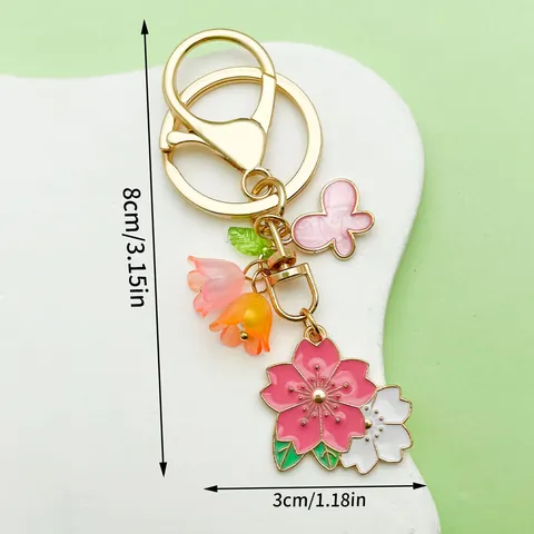 Korean Style Sweet Pink Cherry Blossom Lily of the Valley Butterfly Metal Keychain Pendant For Women Bag Accessories Jewelry Hanging Decoration