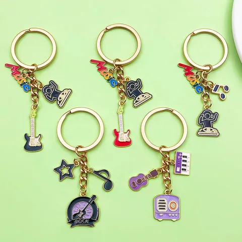 Fashion Musical Instrument Guitar Piano Music Note Alloy Enamel Keychain Creative Rock Bag Pendant Key Ring Accessory Gift
