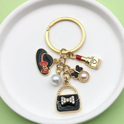 Fashion Alloy Enamel Bow Handbag Lipstick High Heels Keychain Artificial Pearl Rhinestone Bag Charm Accessories For Women