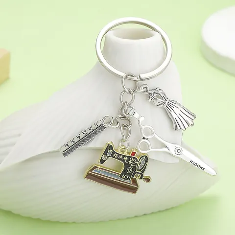 Vintage Creative Zinc Alloy Enamel Sewing Machine Keychain Scissors Ruler Dress Charm Bag Pendant Key Ring For Women Tailor Gift