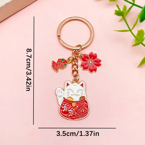 Chinese Style Lucky Cat Koi Fish Cherry Blossom Keychain Alloy Enamel Pendant New Year Fortune Bag Accessory Jewelry Gift