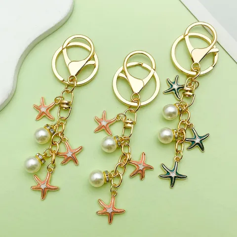Handmade Enamel Starfish Artificial Pearl Keychain Nautical Shell Mermaid Tail Bag Charm For Women Girls Gift Jewelry Accessories