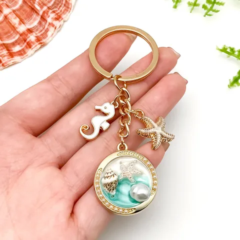 Creative Ocean Theme Shell Starfish Seahorse Drip Oil Resin Keychain Gold Bag Charm Gift For Girls Women Accessories